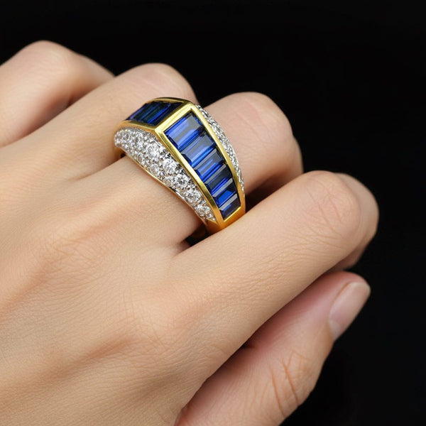 18K Gold Diamond Cluster Baguette Sapphire Ring - Boylerpf