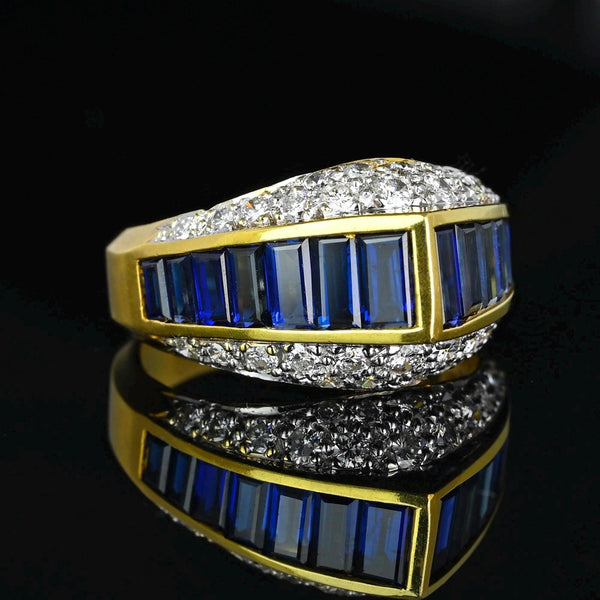 18K Gold Diamond Cluster Baguette Sapphire Ring - Boylerpf