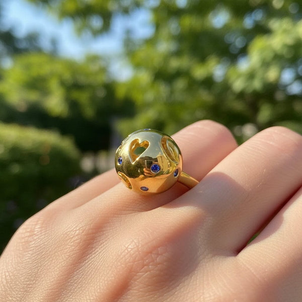 Vintage 18K Gold Cutout Moon Star Heart Sapphire Ring - Boylerpf