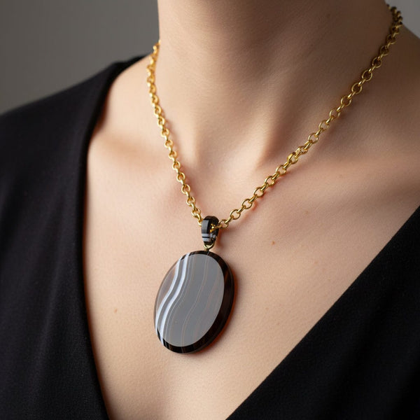 Antique Large Oval Scottish Banded Agate Pendant - Boylerpf
