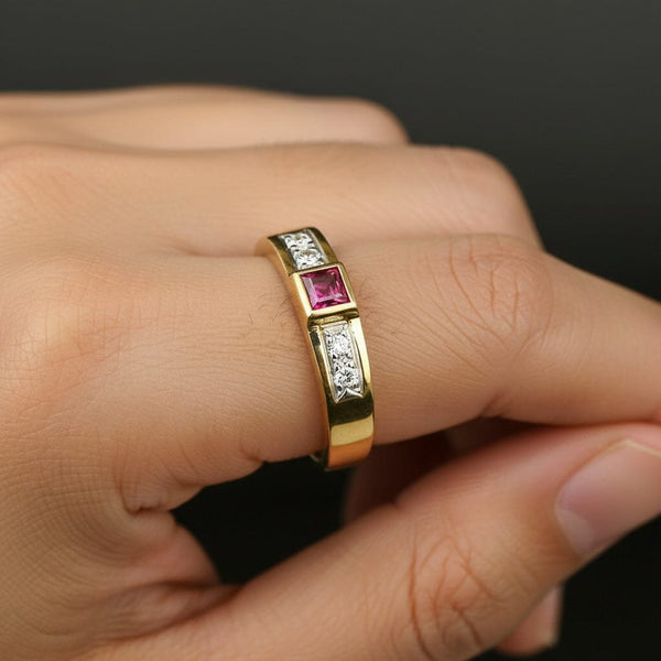 Vintage 14K Gold Diamond Emerald Cut Ruby Ring Band