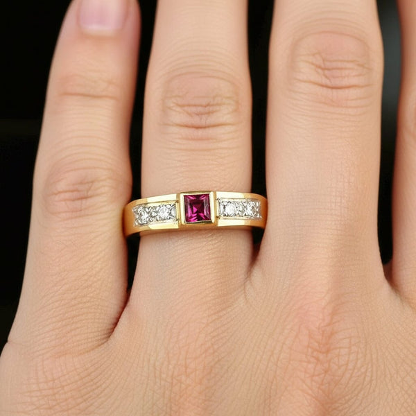 Vintage 14K Gold Diamond Emerald Cut Ruby Ring Band