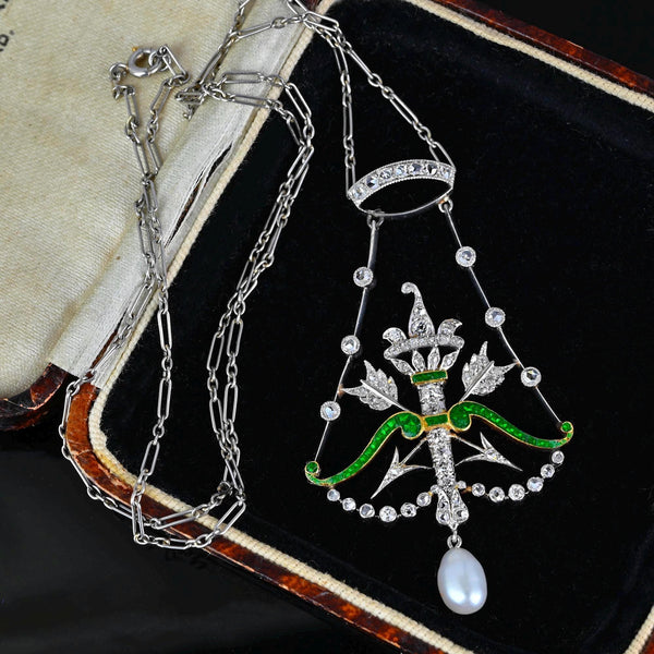 Antique Platinum Bow & Arrow Enamel Emerald Diamond Necklace - Boylerpf