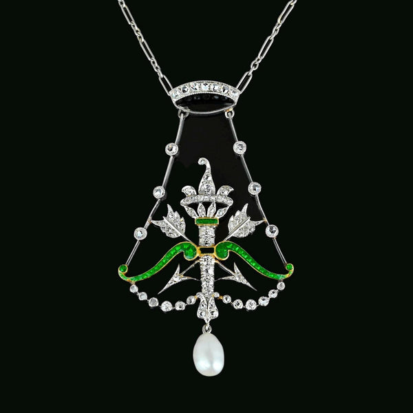 Antique Platinum Bow & Arrow Enamel Emerald Diamond Necklace - Boylerpf
