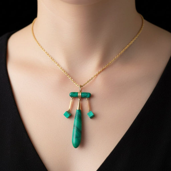 Antique 14K Gold Green Malachite Teardrop Pendant - Boylerpf