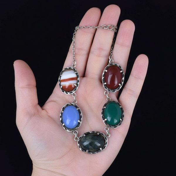 Vintage Arts and Crafts Style Silver Agate Cabochon Necklace - Boylerpf