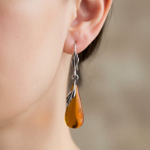 Arts and Crafts Silver Leaf Cabochon Drop Amber Earrings - Boylerpf