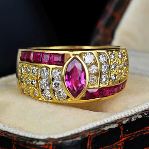 Wide 18K Gold Diamond Marquise Ruby Ring Band - Boylerpf