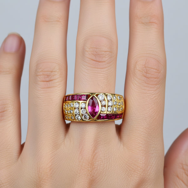 Wide 18K Gold Diamond Marquise Ruby Ring Band - Boylerpf