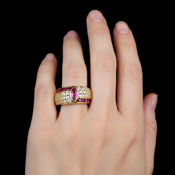Wide 18K Gold Diamond Marquise Ruby Ring Band - Boylerpf
