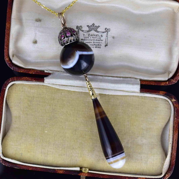 Antique 9K Gold Large Banded Agate Ruby Pendant - Boylerpf
