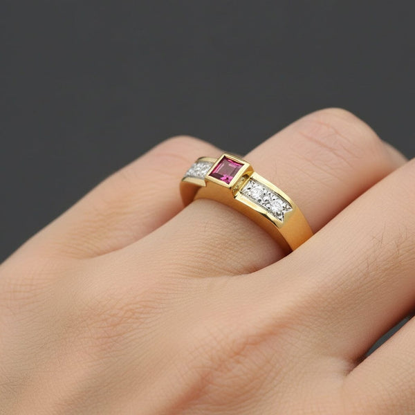 Vintage 14K Gold Diamond Emerald Cut Ruby Ring Band