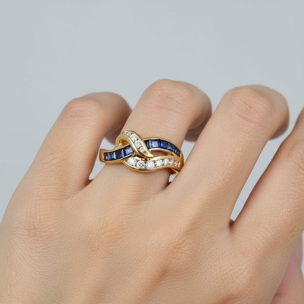 Vintage 14K Gold Love Knot Diamond Sapphire Ring - Boylerpf