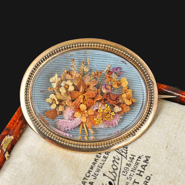 Antique Shadow Box Dried Flower 14K Gold Brooch - Boylerpf