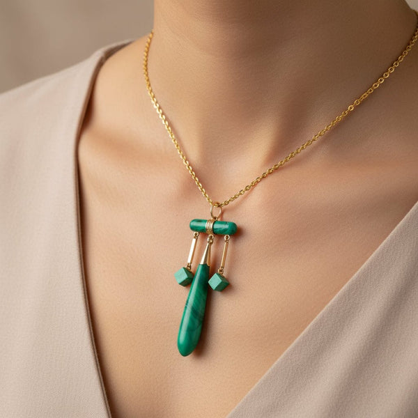 Antique 14K Gold Green Malachite Teardrop Pendant - Boylerpf