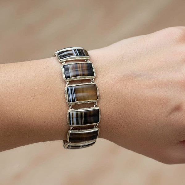 Antique Sterling Silver Scottish Banded Agate Bracelet