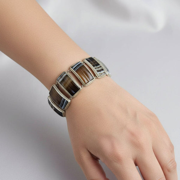 Antique Sterling Silver Scottish Banded Agate Bracelet