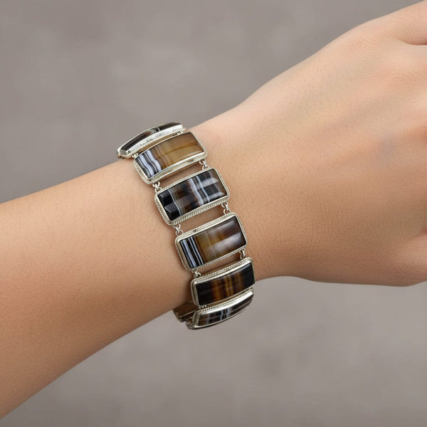 Antique Sterling Silver Scottish Banded Agate Bracelet
