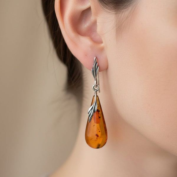 Arts and Crafts Silver Leaf Cabochon Drop Amber Earrings - Boylerpf