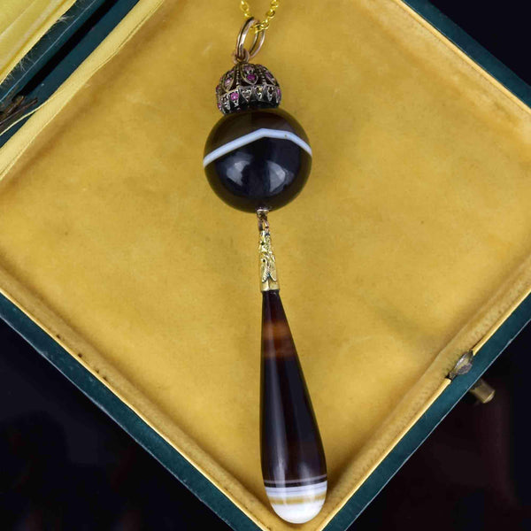 Antique 9K Gold Large Banded Agate Ruby Pendant - Boylerpf