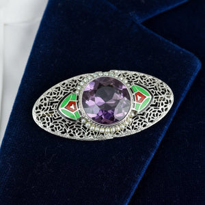 Platinum & 14K White Gold Art Deco Enamel Amethyst Brooch - Boylerpf