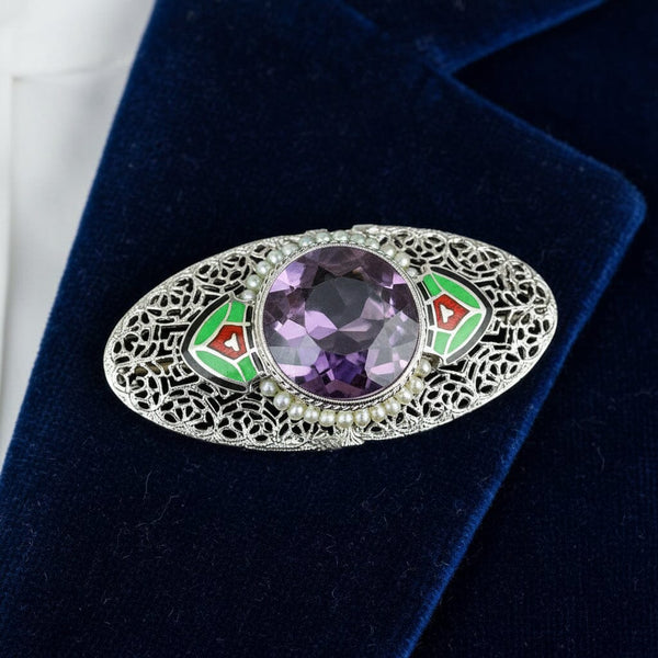 Platinum & 14K White Gold Art Deco Enamel Amethyst Brooch - Boylerpf