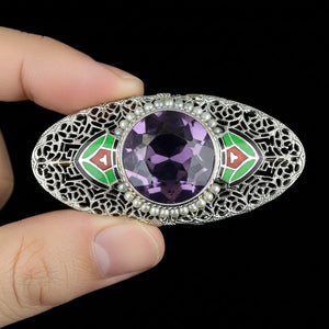 Platinum & 14K White Gold Art Deco Enamel Amethyst Brooch - Boylerpf