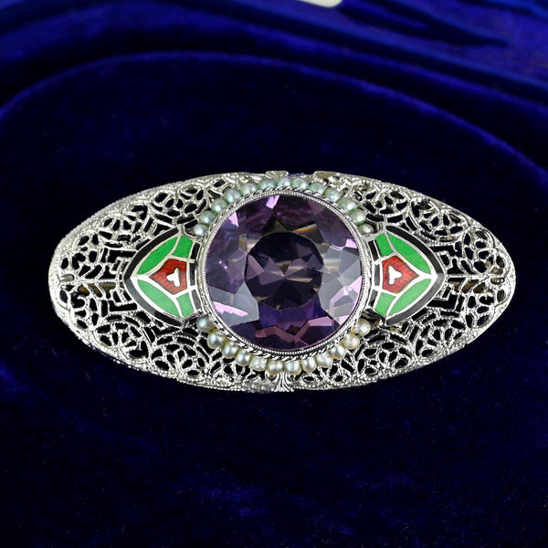 Platinum & 14K White Gold Art Deco Enamel Amethyst Brooch - Boylerpf