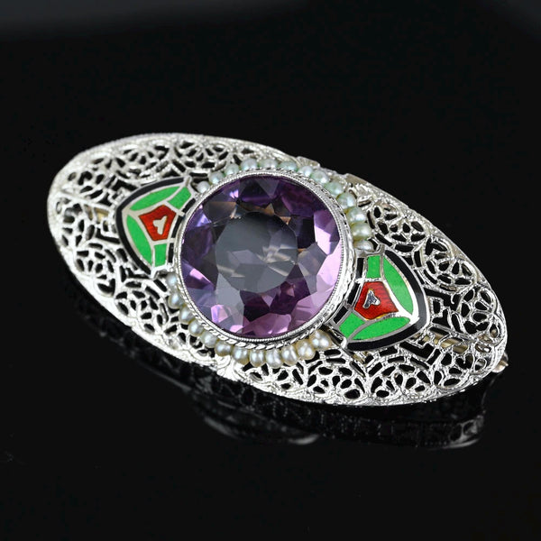 Platinum & 14K White Gold Art Deco Enamel Amethyst Brooch - Boylerpf