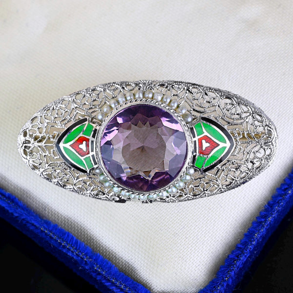 Platinum & 14K White Gold Art Deco Enamel Amethyst Brooch - Boylerpf