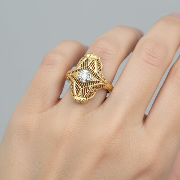 Vintage 10K Gold Floral Filigree Diamond Shield Ring - Boylerpf