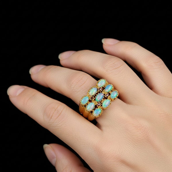 Heavy 14K Gold Ruby Accent Threee Row Opal Ring - Boylerpf
