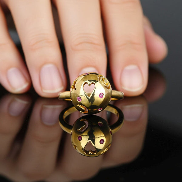 Solid 18K Gold Cutout Heart Moon Star Ruby Ring - Boylerpf