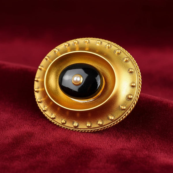 Antique Bloomed Gold Gilt Pearl Onyx Locket Brooch