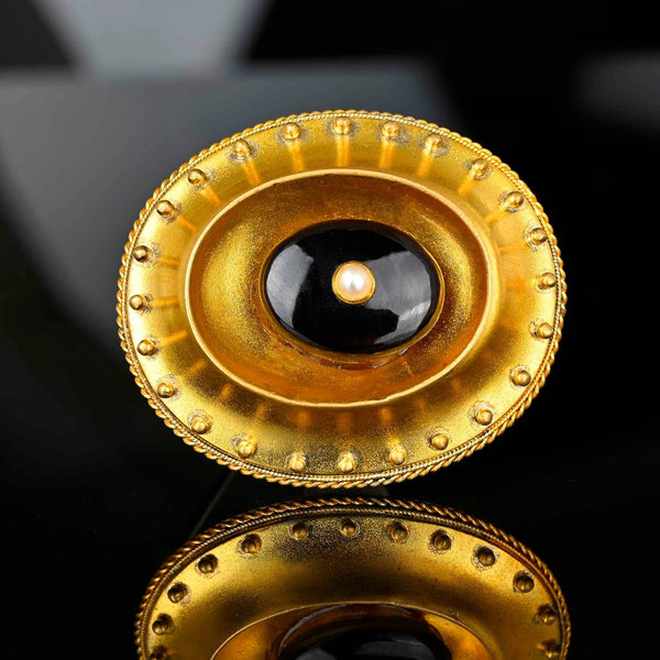 Antique Bloomed Gold Gilt Pearl Onyx Locket Brooch