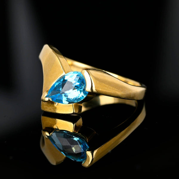 Vintage 14K Gold Chevron Bypass Pear Cut Blue Topaz Ring - Boylerpf