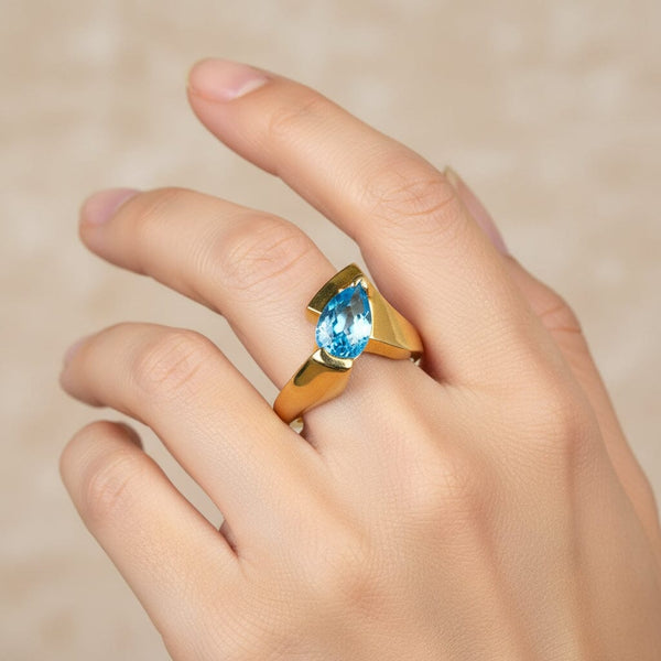 Vintage 14K Gold Chevron Bypass Pear Cut Blue Topaz Ring - Boylerpf