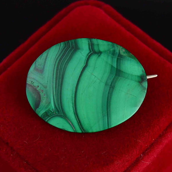Antique Large Oval Natural Malachite Brooch