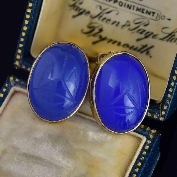Vintage Blue Chalcedony Scarab Clip On Earrings