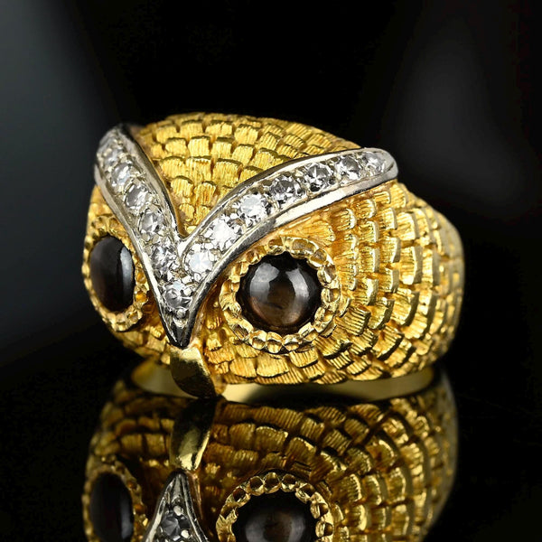 Heavy 18K Gold Star Sapphire Diamond Owl Ring, 14.3 Grams