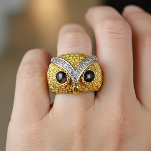 Heavy 18K Gold Star Sapphire Diamond Owl Ring, 14.3 Grams - Boylerpf