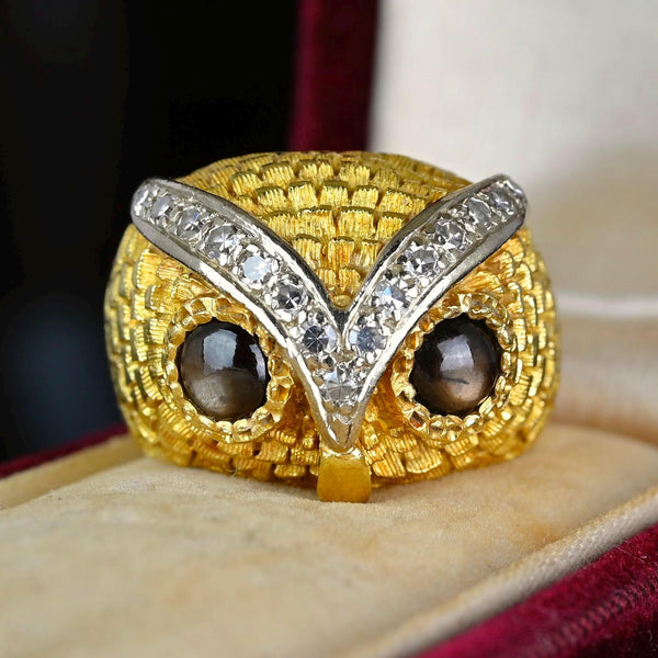 Heavy 18K Gold Star Sapphire Diamond Owl Ring, 14.3 Grams