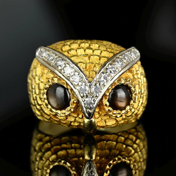 Heavy 18K Gold Star Sapphire Diamond Owl Ring, 14.3 Grams