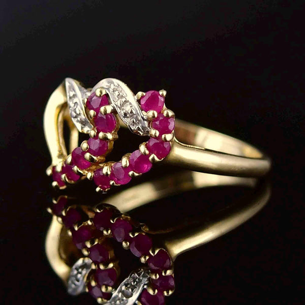 Vintage 10K Gold Diamond Ruby Double Heart Ring