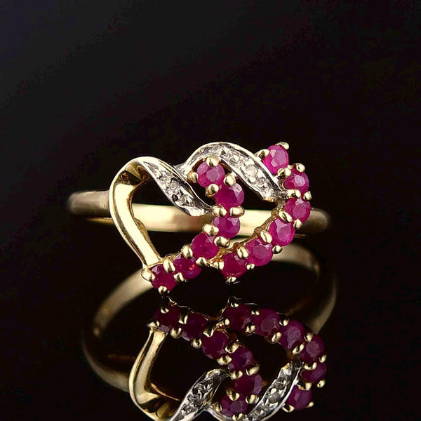 Vintage 10K Gold Diamond Ruby Double Heart Ring
