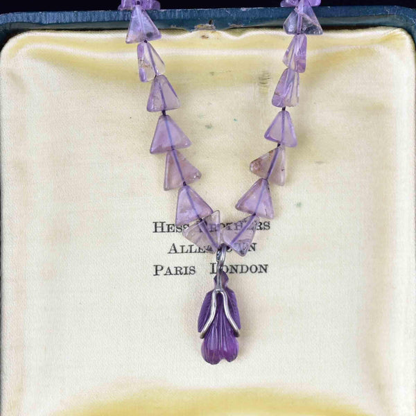Vintage Geometric Carved Bug Pendant Amethyst Necklace