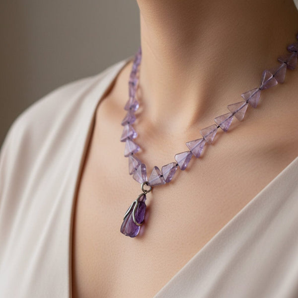 Vintage Geometric Carved Bug Pendant Amethyst Necklace