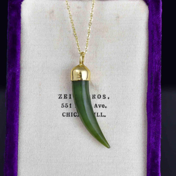 Vintage 9K Gold Jade Sabre Tooth Jade Pendant Charm