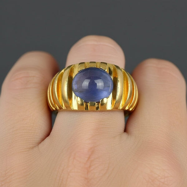 Vintage 18K Gold Ribbed Band Star Sapphire Ring, 17.4 gms
