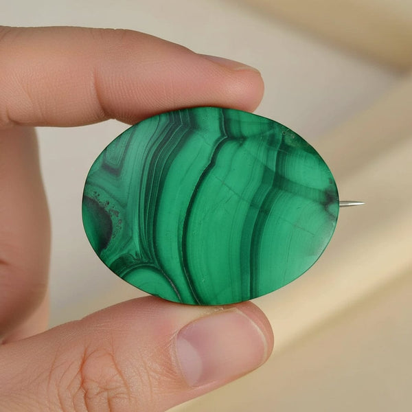 Antique Large Oval Natural Malachite Brooch